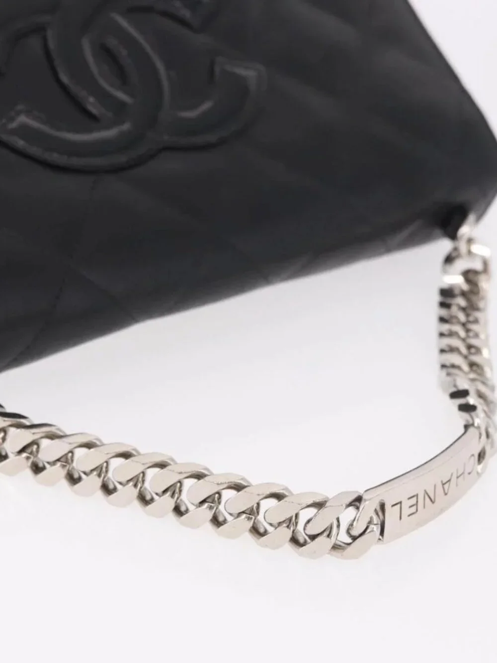 CHANEL Matelasse Chain Hand Bag Lamb Skin Black Silver CC Auth 185765